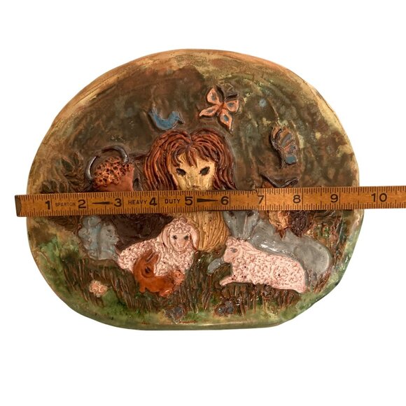 Whimsical Naive Animals Art Pottery Wall Plaque Decor Lion Lamb Fox Owl Bull - Picture 4 of 5